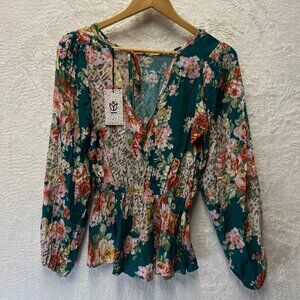 Andree By Unit Dark Floral Peplum Top Women’s Small Green Long Sleeve Coquet